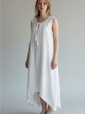 Anandas Collection Womens White Boho Dress Handkerchief Hem Embroidered